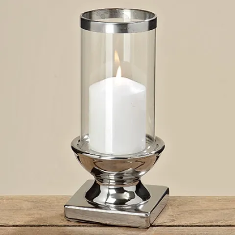 Svećnjak od keramike sa staklenim fenjerom, h22 cm - srebrna