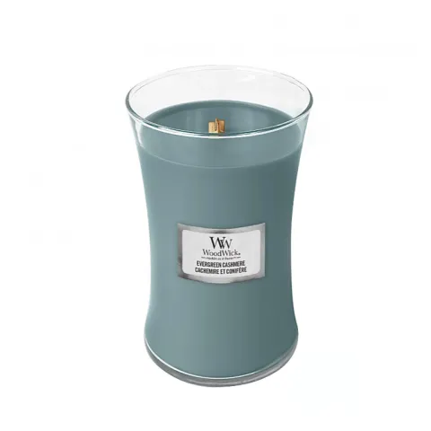 Evergreen Cashmere - L WoodWick mirisna sveća (borove iglice, balsam, sandalovina, kašmir...)