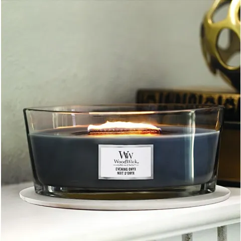 Evening Onyx - ovalna WoodWick mirisna sveća (jasmin, orhideja, sandalovina..)